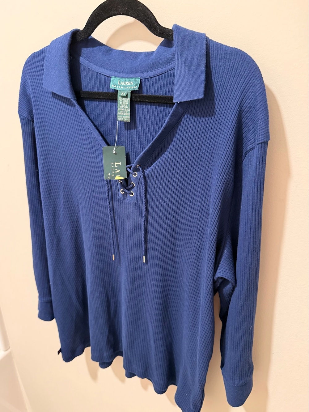 Ralph Lauren Navy Ribbed Lace-Up Long Sleeve Top 3XL - Picture 4 of 4